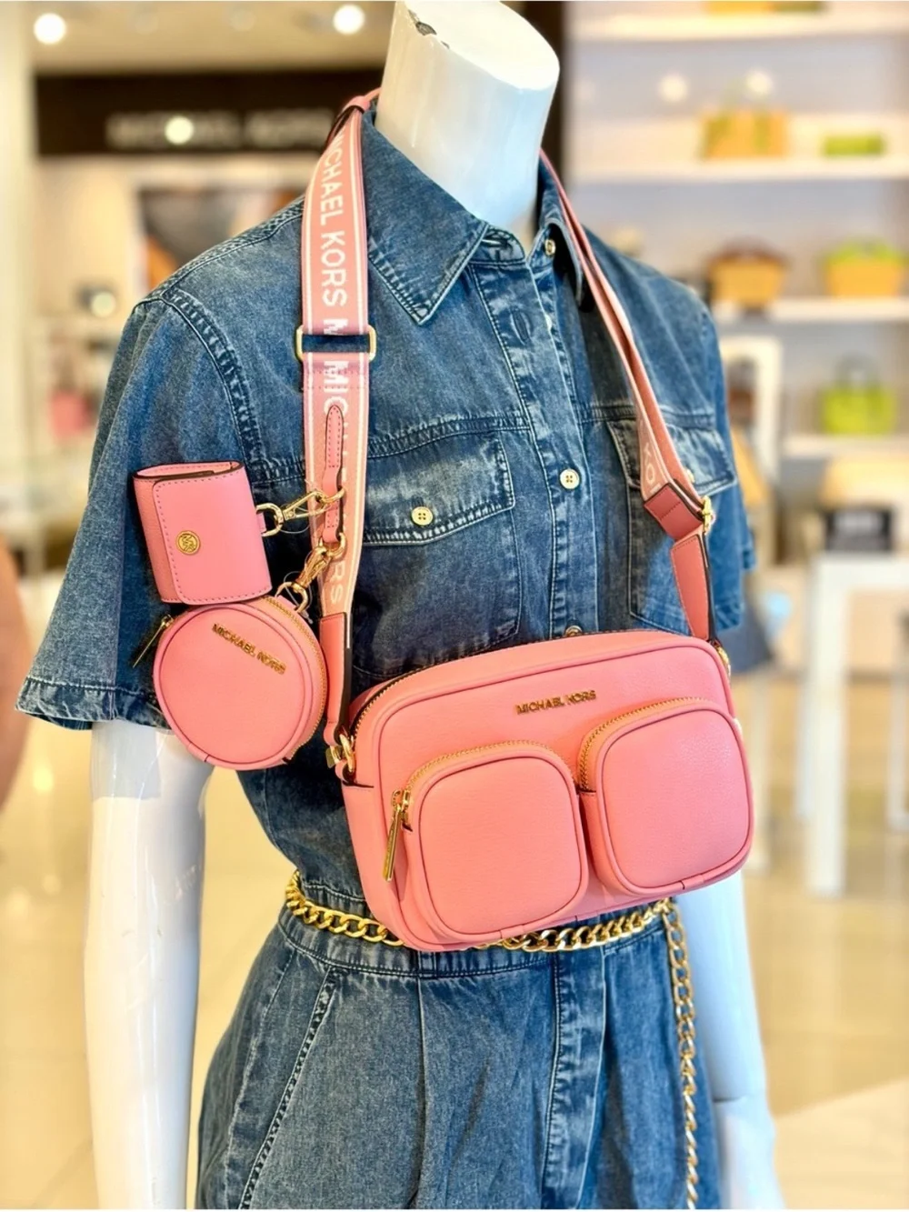 Michael Kors Pink Leather Crossbody Bag with Coin Case and Snap Pouch Carnation